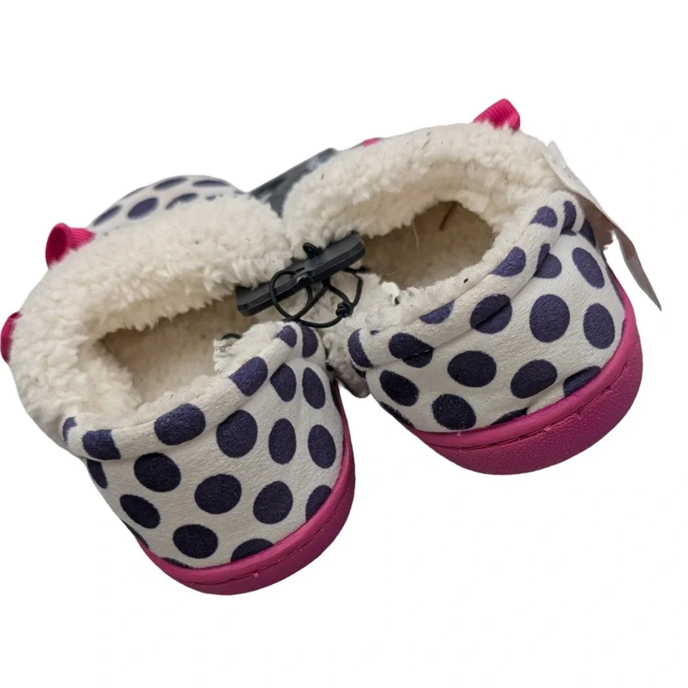 Wonder Nation Polka Dot Slippers Navy Pink Faux Fur Bow Size 7-8 Kids House Shoe
